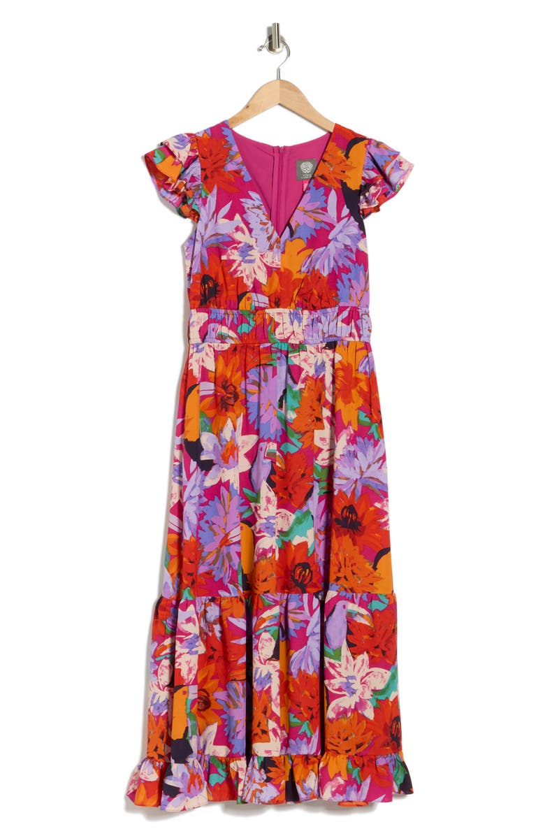 Vince Camuto Ruffle Midi Dress, Alternate, color, Purple Multi