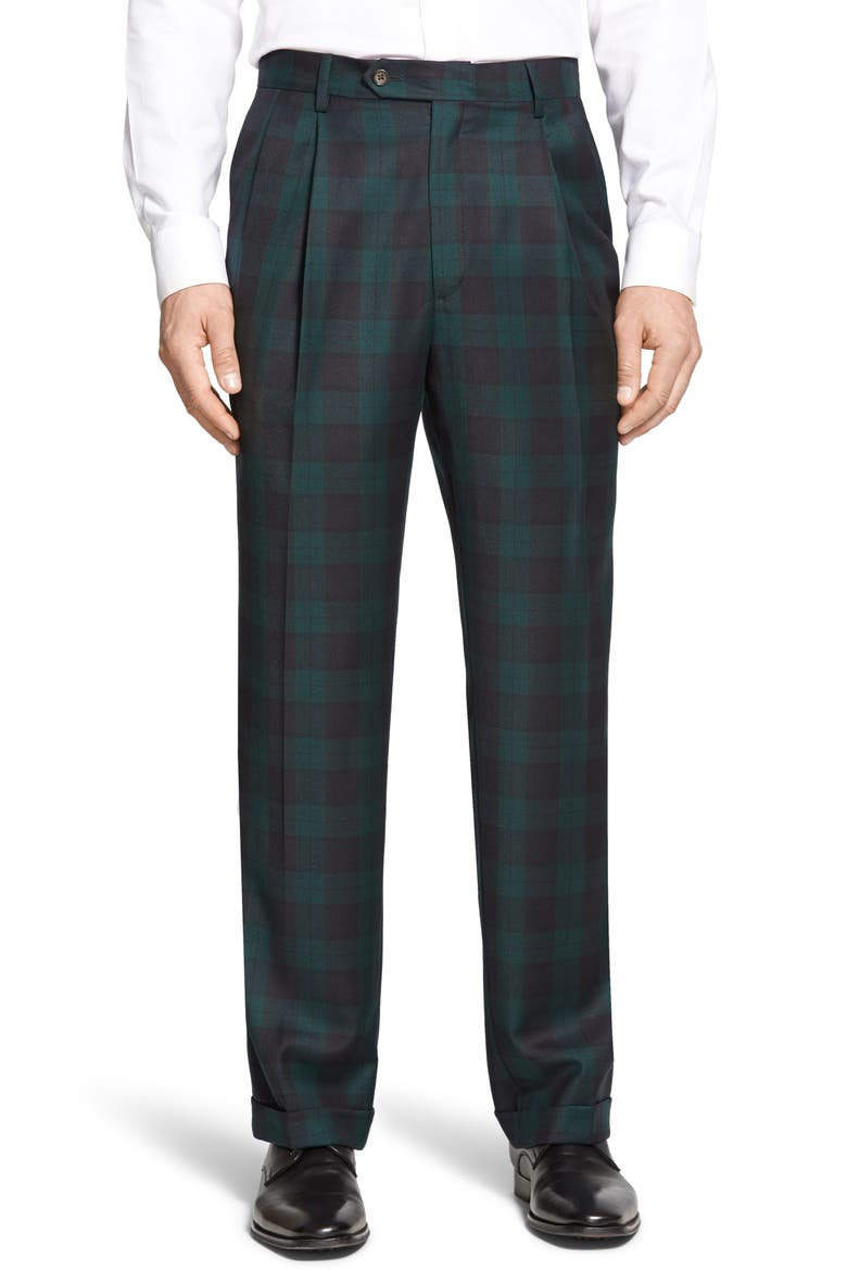 Touch Finish Pleated Classic Fit Plaid Wool Trousers, Main, color, GREEN