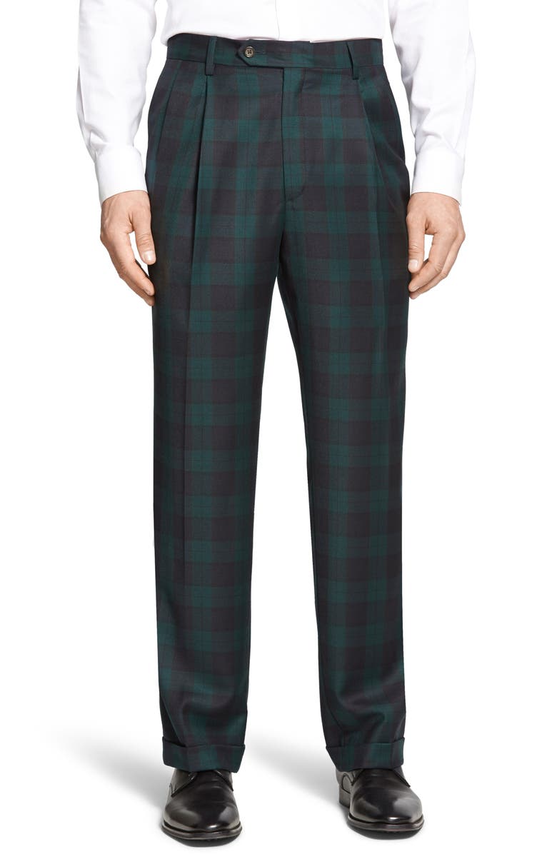 Berle Touch Finish Pleated Classic Fit Plaid Wool Trousers, Main, color, Green