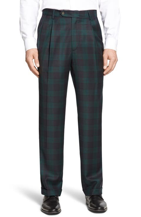 Touch Finish Pleated Classic Fit Plaid Wool Trousers