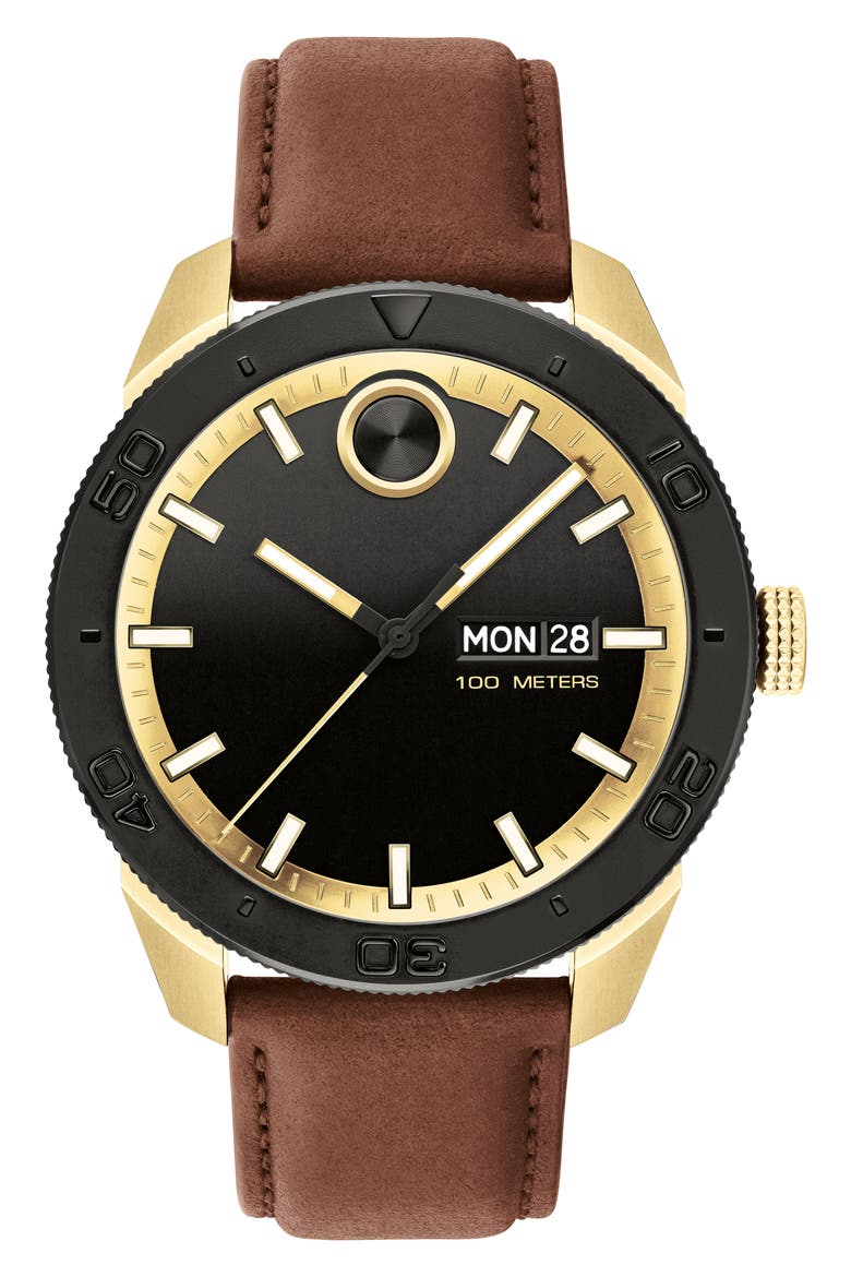 Bold Sport Leather Strap Watch, 43.5mm, Main, color, COGNAC/ BLACK/ GOLD