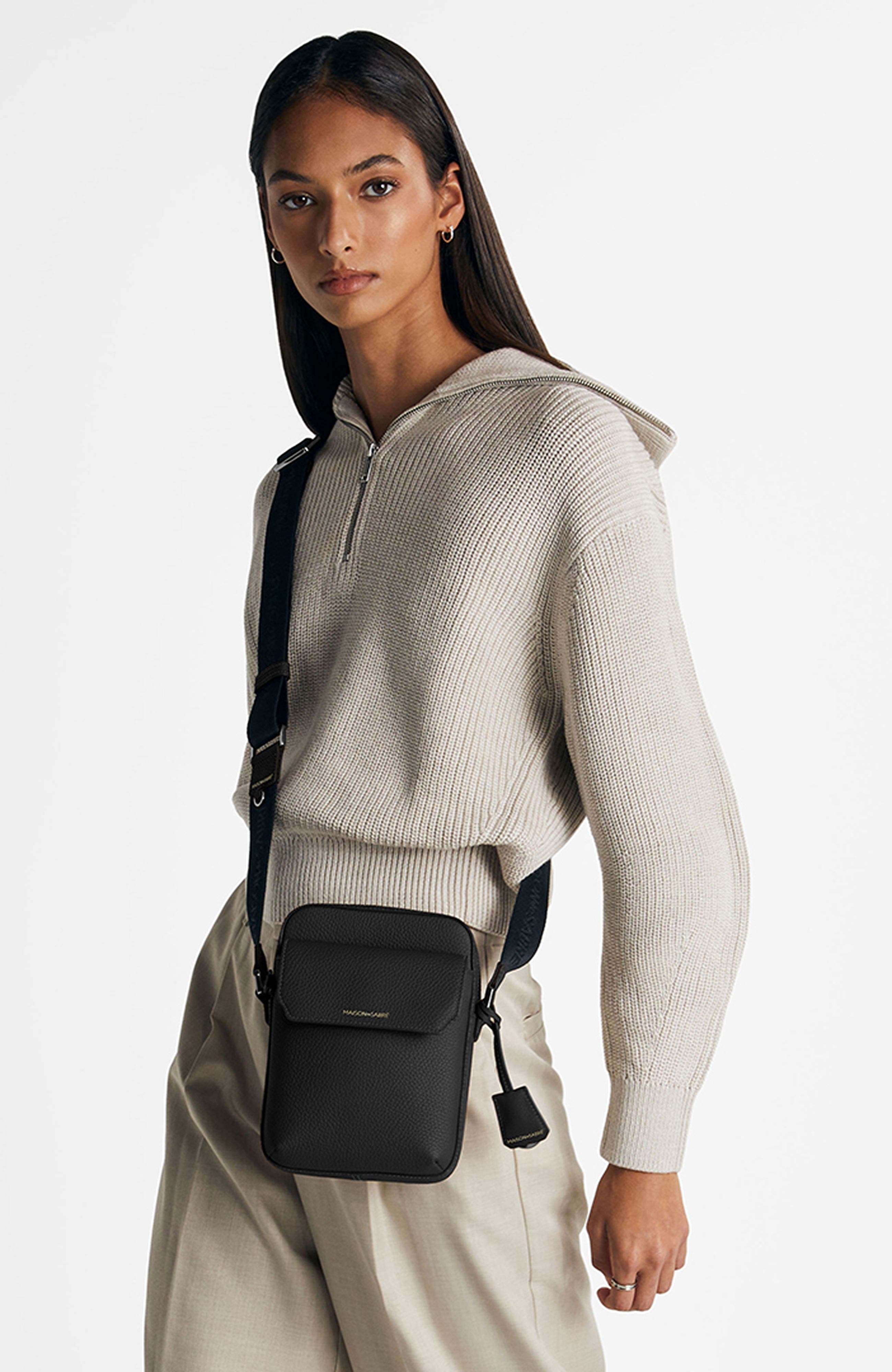 MAISON de SABRÉ Small Leather Messenger Bag, Alternate, color, Black Caviar