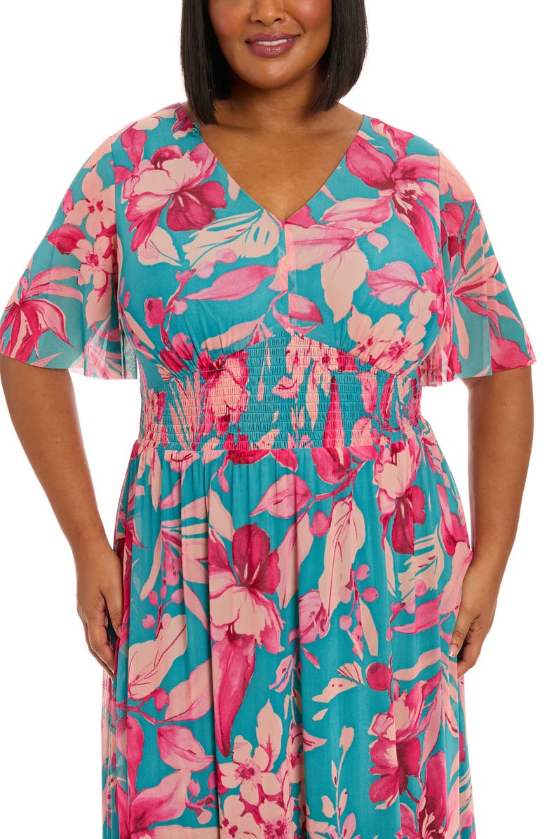 London Times Mesh Flutter Sleeve Maxi Dress, Alternate, color, Blue/ Pink