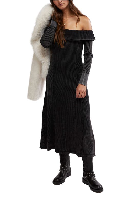Free People Monty Off The Shoulder Long Sleeve Cotton Midi Dress In Washed Black