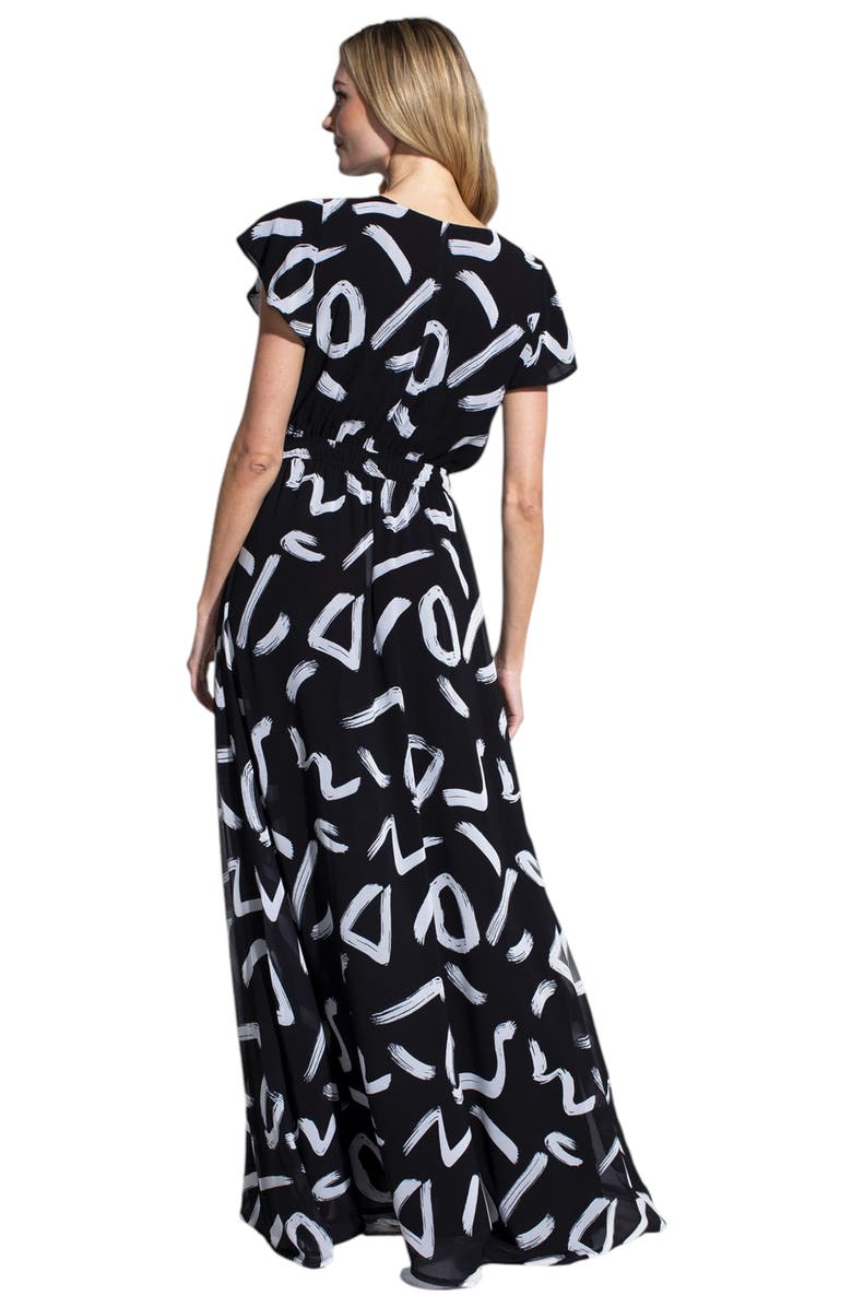 HotSquash London Clothing Abstract Print Chiffon Faux Wrap Maxi Dress, Alternate, color, Black With White Brush Strokes