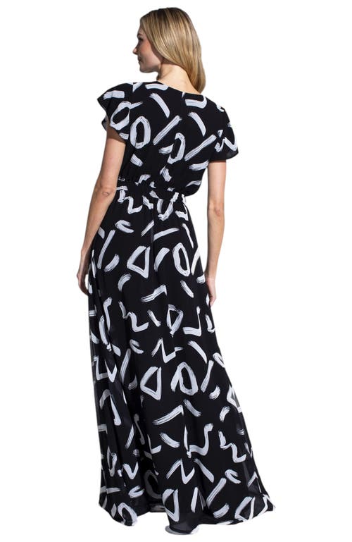 Hotsquash London Clothing Abstract Print Chiffon Faux Wrap Maxi Dress In Black With White Brush Strokes