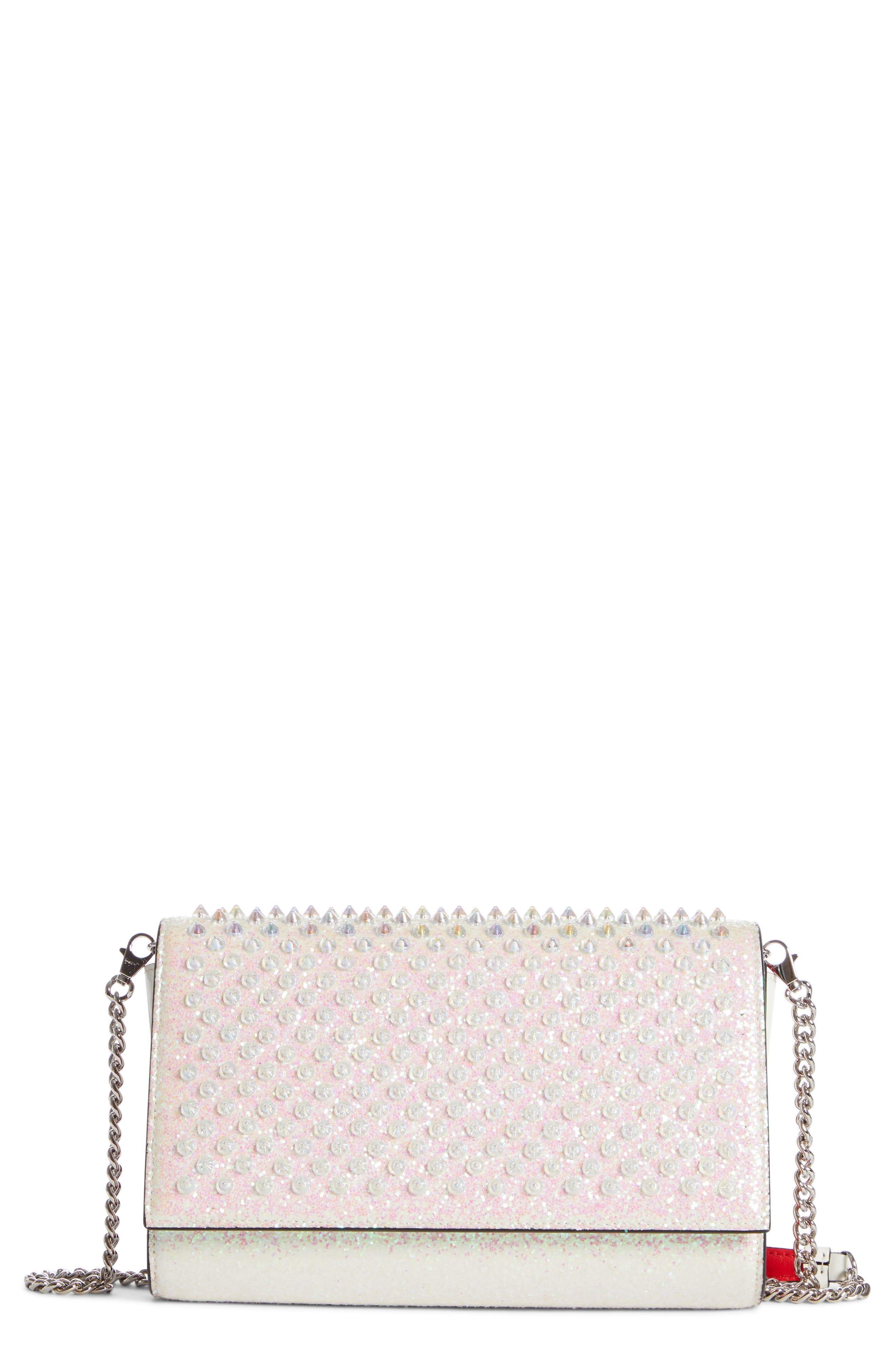Christian Louboutin Paloma Glitter Spike Leather Clutch, Main, color, 