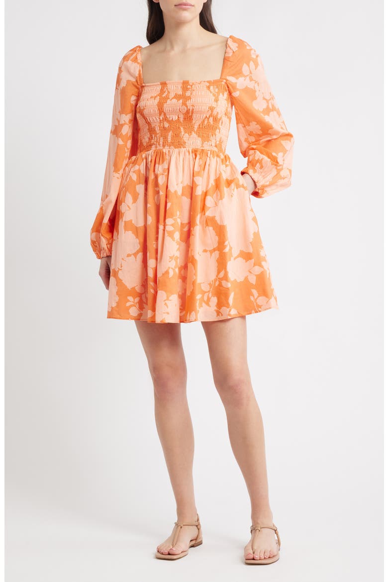 Smocked Long Sleeve Cotton Minidress, Main, color, FLORAL AOP MULTI