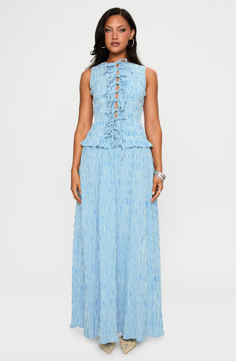 Princess Polly Songbird Shirred Stripe Cotton Blend Maxi Dress, Alternate, color, Blue