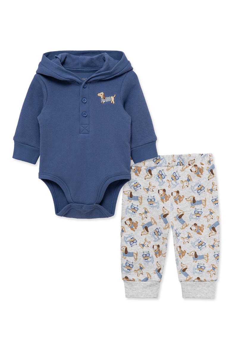 Puppy Waffle Hooded Bodysuit & Knit Pants Set, Main, color, BLUE