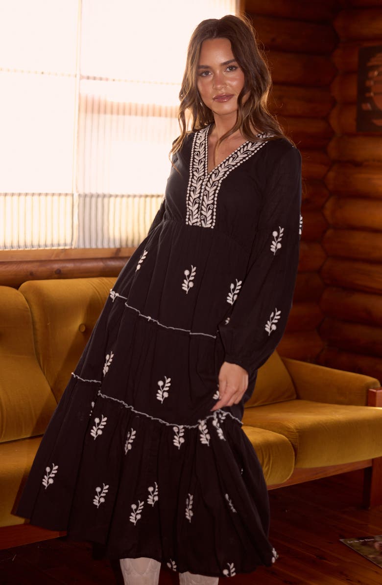 Talisman the Label Vadella Embroidered Long Sleeve Midi Dress, Alternate, color, Black W Off White