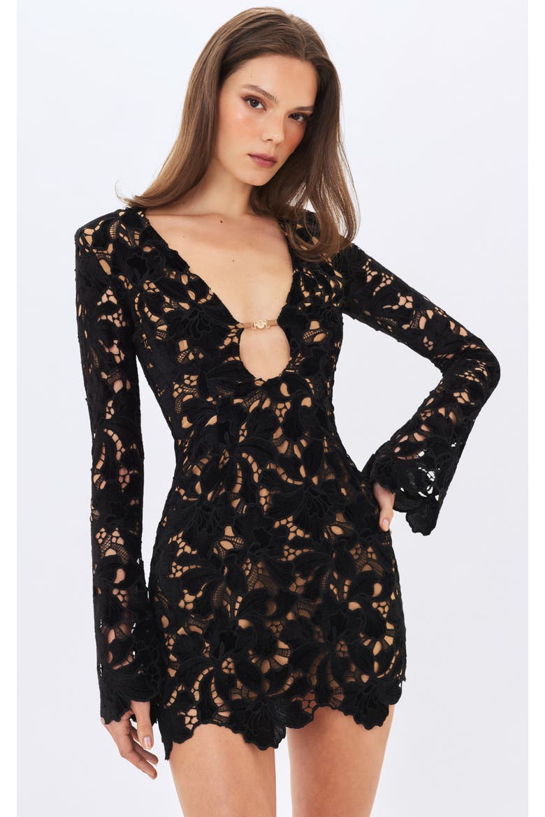 Penelope Velvet Lace Keyhole Mini Dress, Alternate, color, Black