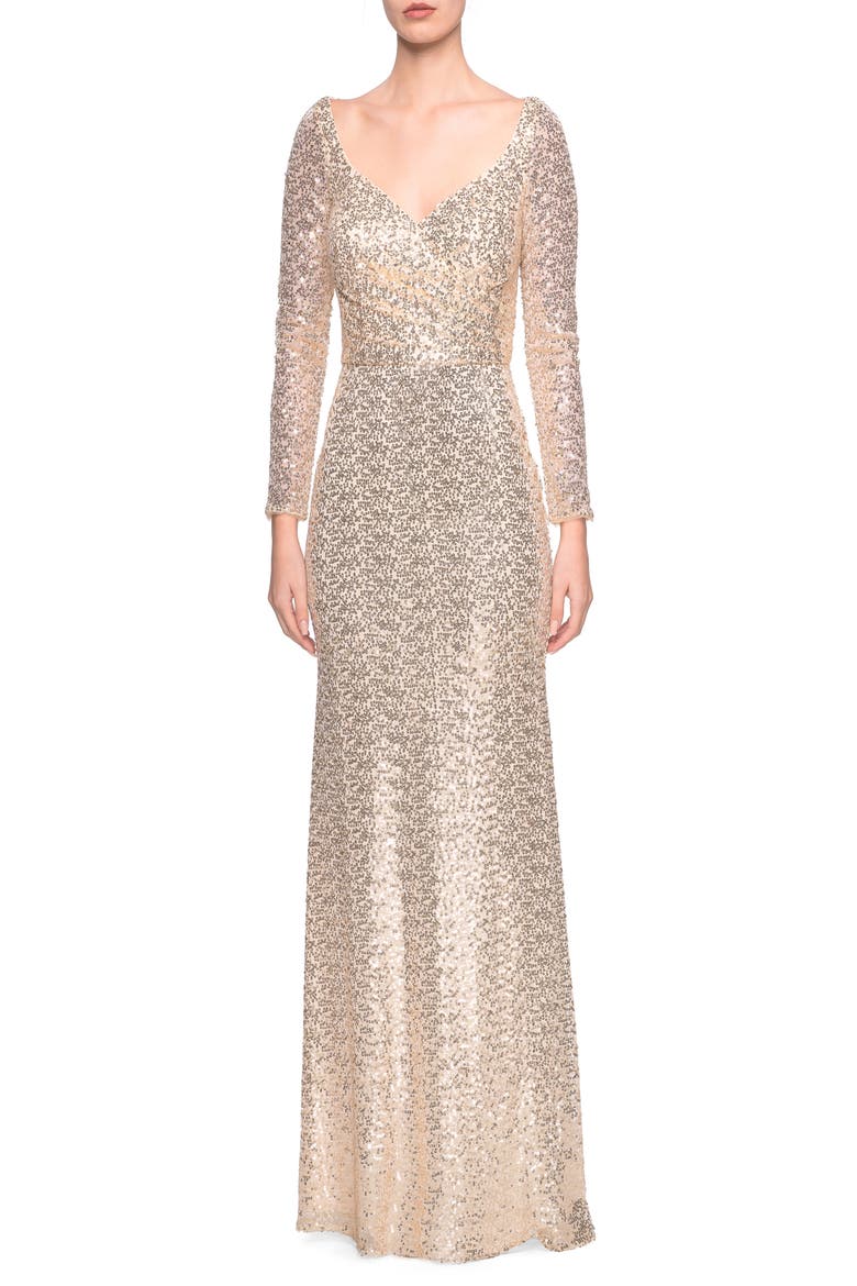 Long Sleeve Sequins Gown with Soft V-Neckline, Main, color, LIGHT GOLD