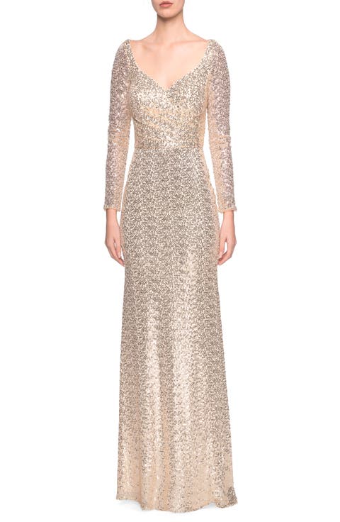 Long Sleeve Sequins Gown with Soft V-Neckline