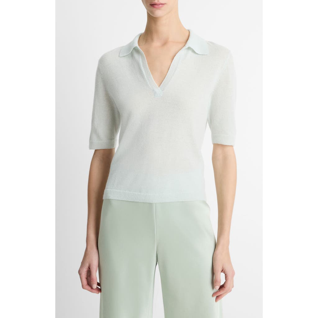 Vince Mulberry Silk And Cashmere Polo Top In Aqua Dew