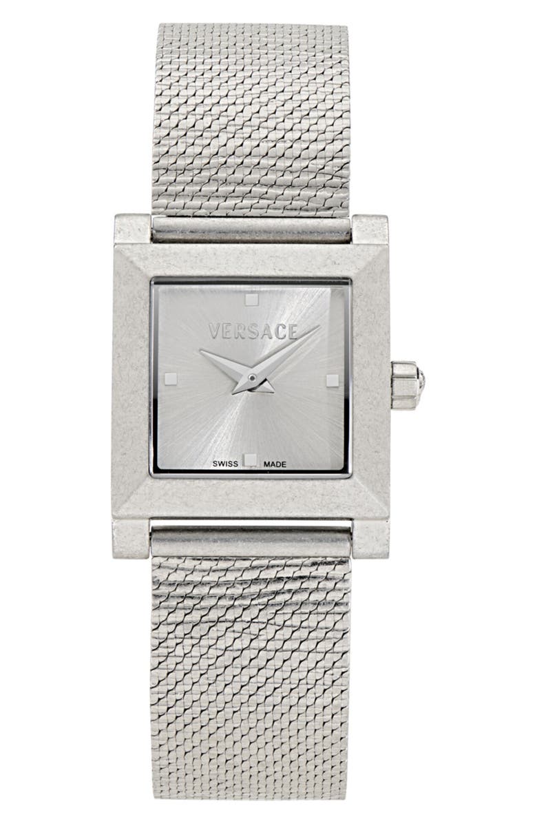 Versace Mosaic Square Mesh Strap Watch, 22mm, Main, color, Stainless Steel