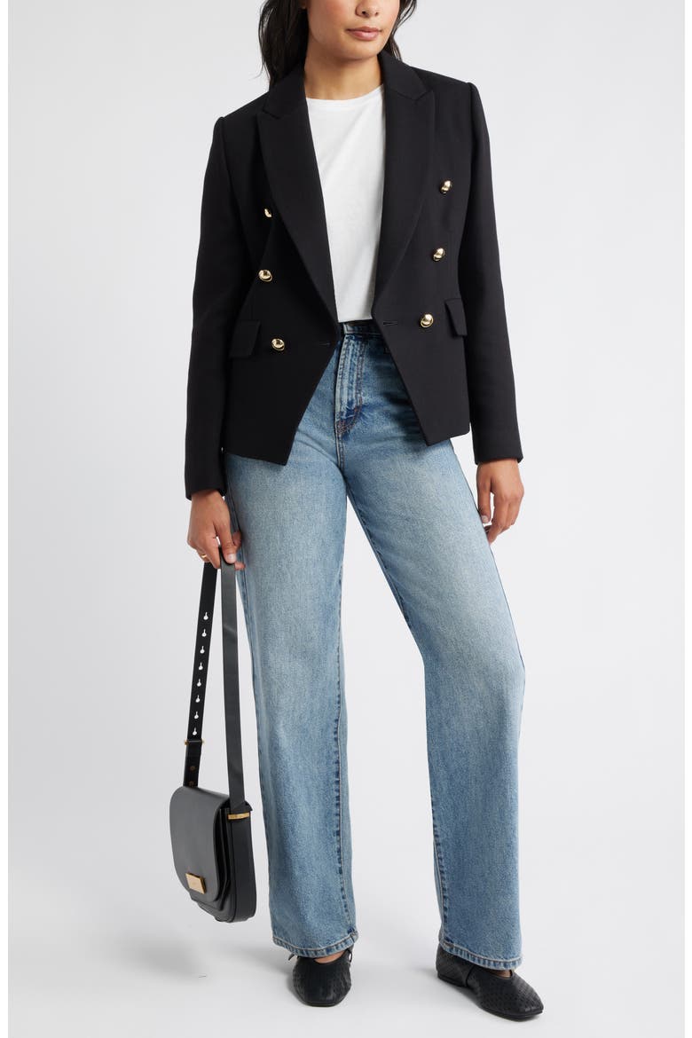 Double Breasted Twill Blazer, Alternate, color, BLACK