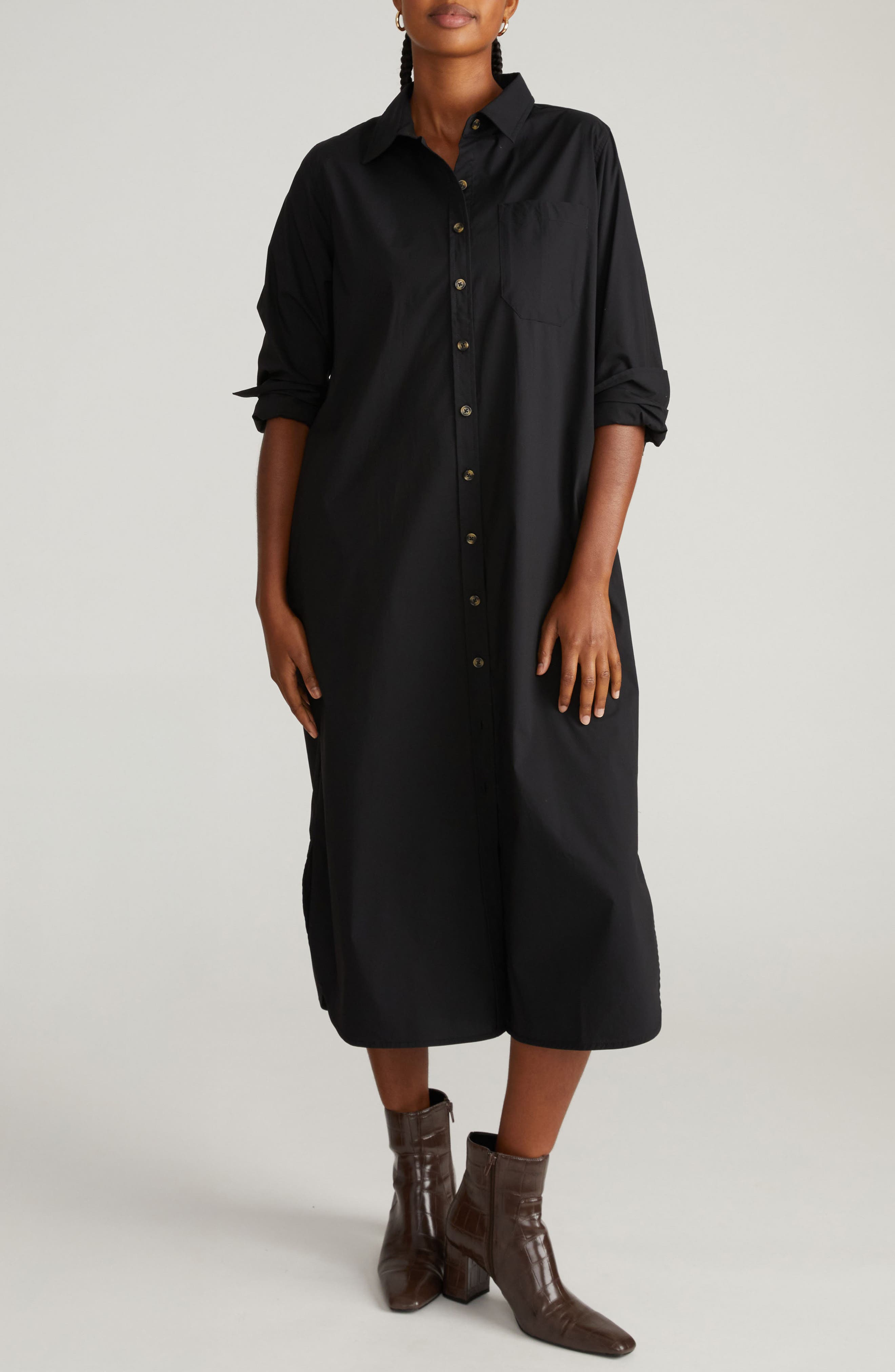 Universal Standard Odeon Long Sleeve Stretch Poplinn Midi Shirtdress In Black