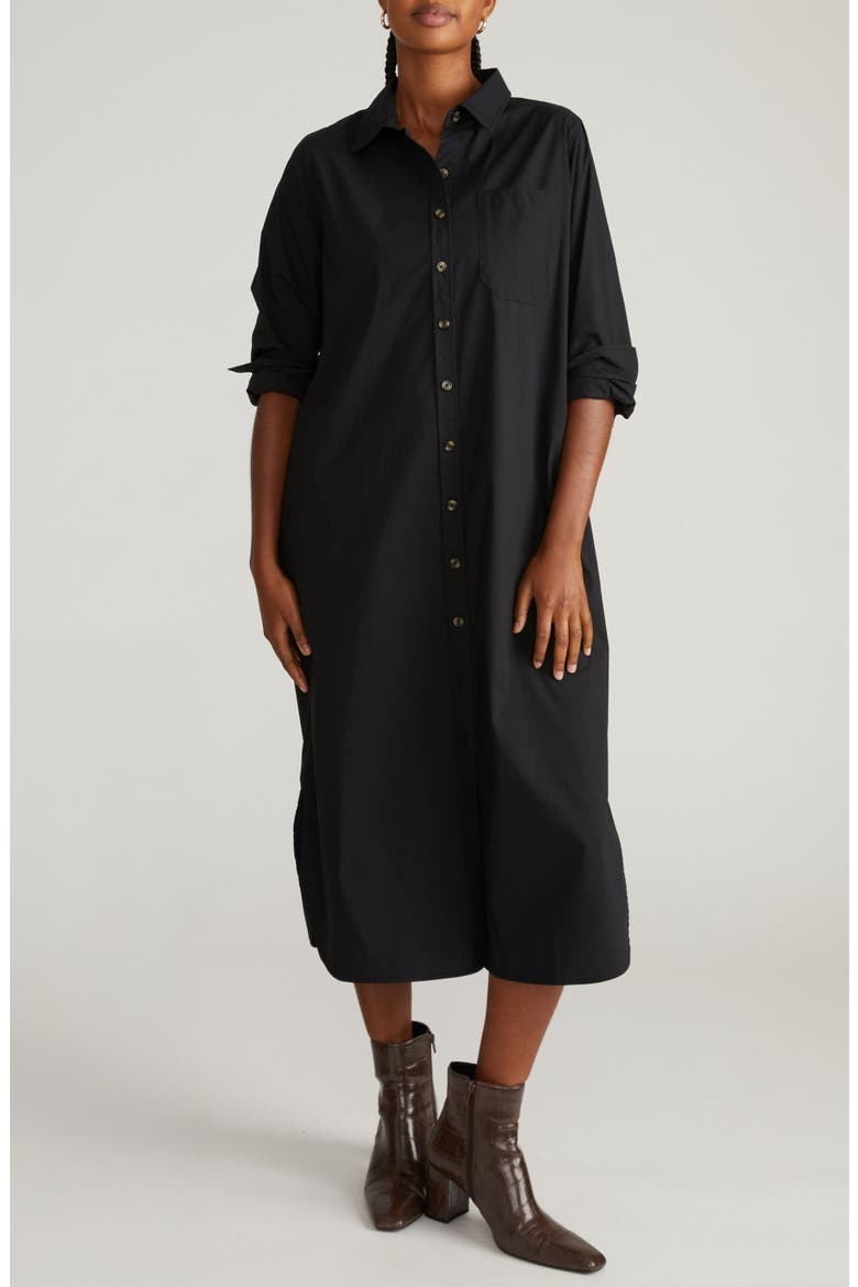 Odeon Long Sleeve Stretch Poplin Midi Shirtdress, Main, color, BLACK