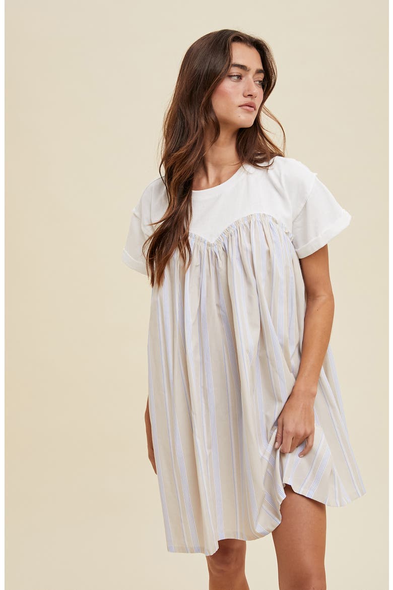 Stripe Twofer Mixed Media Cotton Babydoll Dress, Alternate, color, TAUPE COMBO