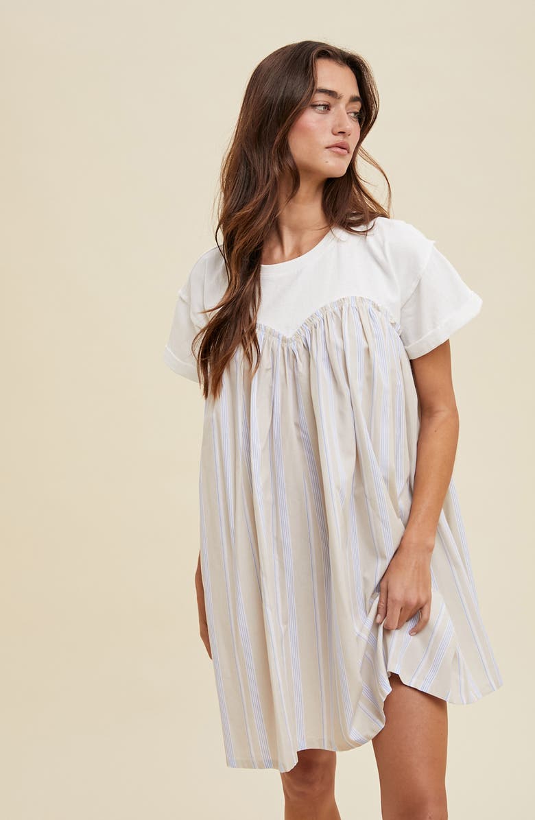 WISHLIST Stripe Twofer Mixed Media Cotton Babydoll Dress, Alternate, color, Taupe Combo