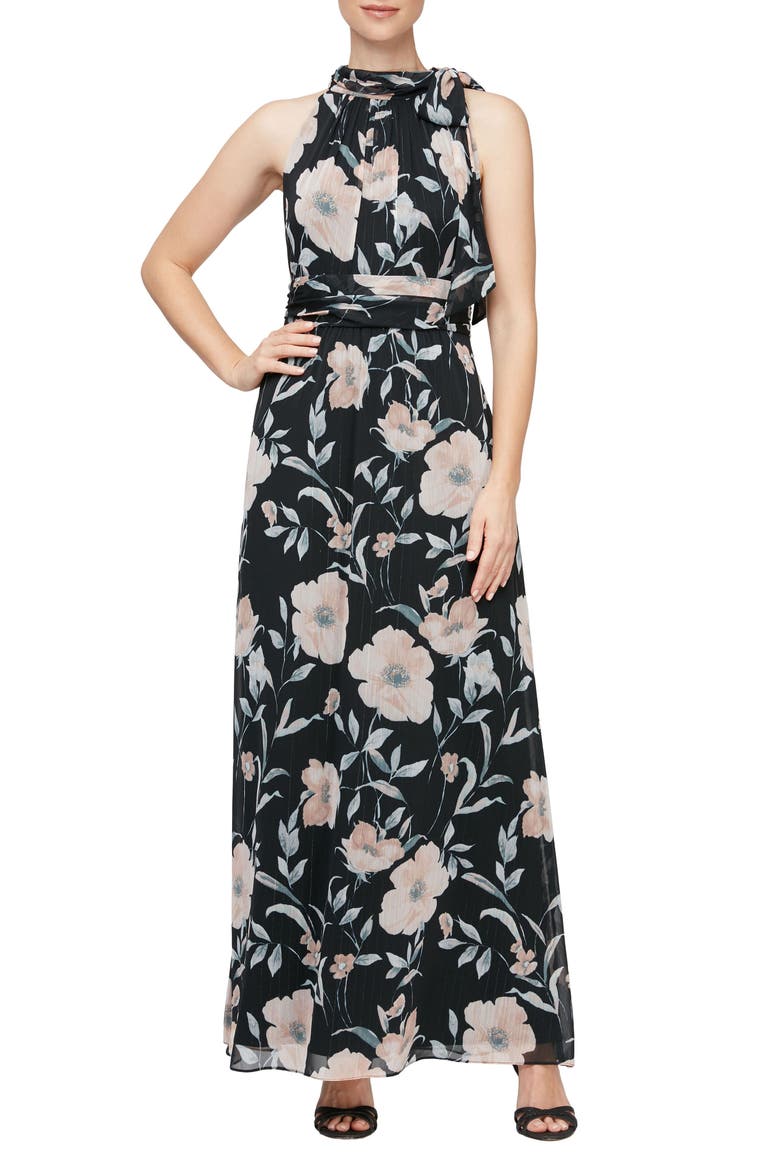 Floral Tie Neck Maxi Dress, Main, color, BLACK MULTI