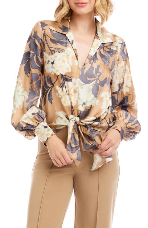 Karen Kane Floral Tie Front Satin Top (Regular & Petite)