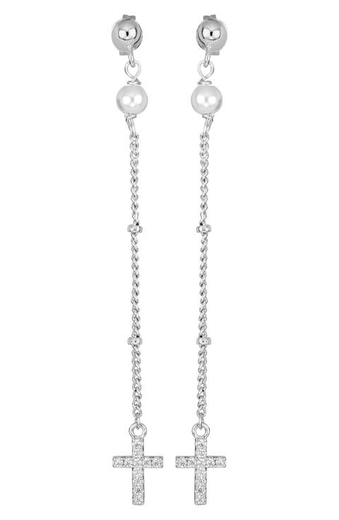 Athra Luxe Imitation Pearl & Cross Linear Drop Earrings