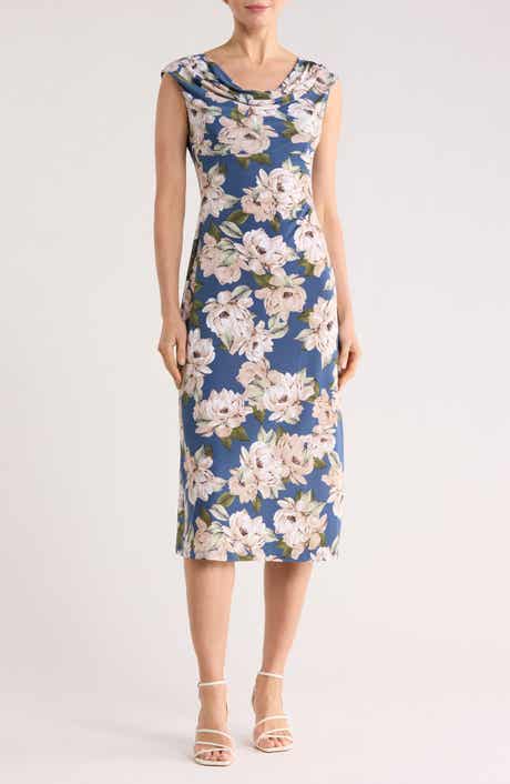 Connected Apparel Floral Cowl Neck Midi Dress