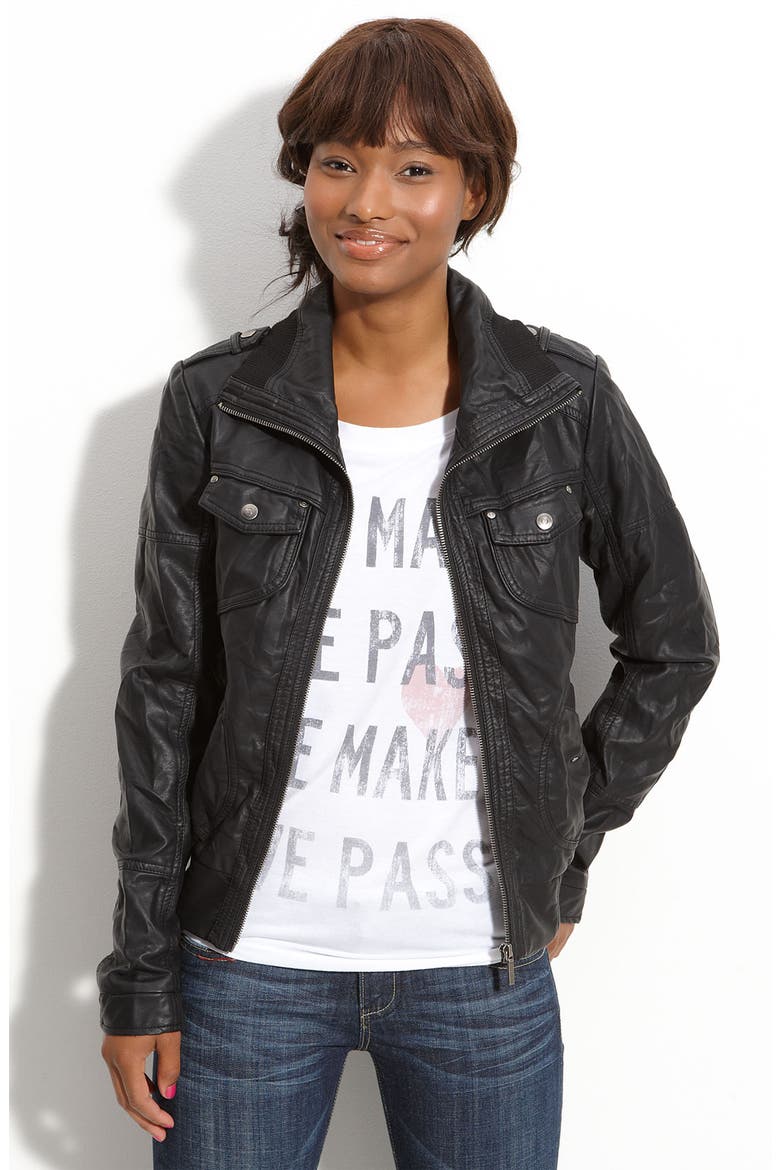 Faux Leather Bomber Jacket, Main, color, BLACK