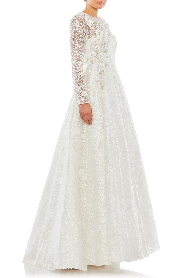 Floral Embroidered & Beaded Long Sleeve Mesh Gown, Alternate, color, WHITE