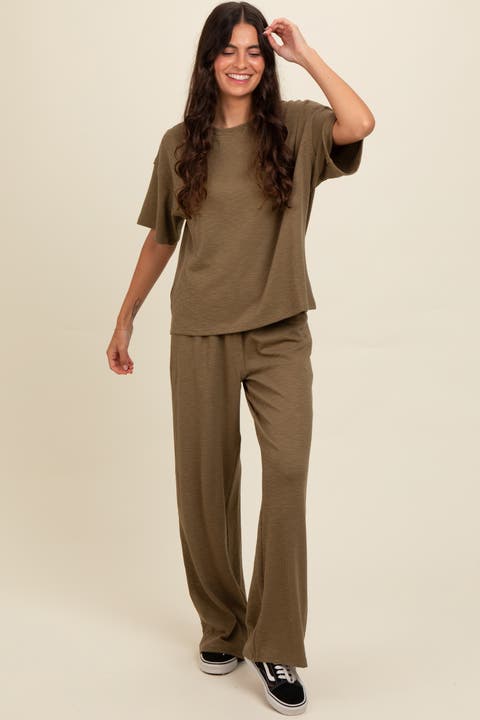 Textured Knit Oversized Tee And Pants Set