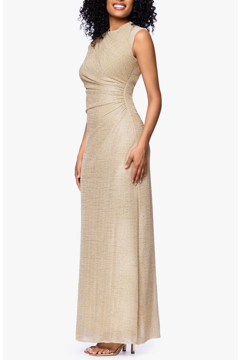 Ruched Sleeveless Crinkled Metallic Column Gown, Alternate, color, GOLD/ GOLD