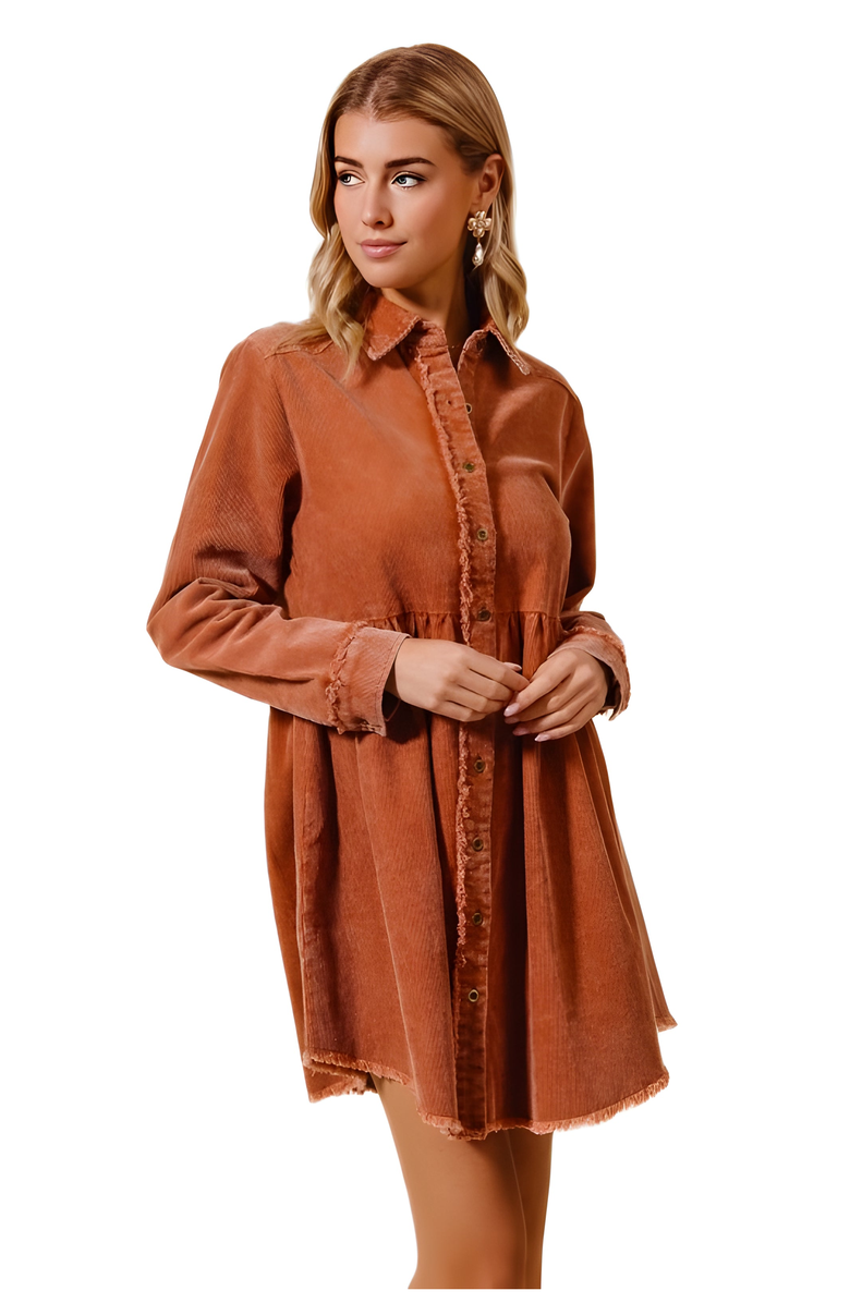 Knit and Lounge Corduroy Shirt Dress with Frayed Trim and Button Front Detail, Alternate, color, 