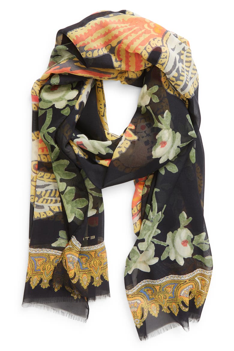 Bird Print Silk Fringe Scarf, Alternate, color, 0001 BLACK