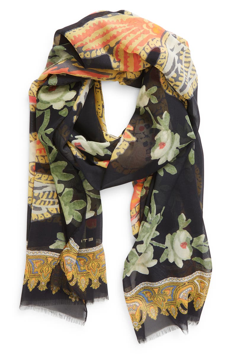 Etro Bird Print Silk Fringe Scarf, Alternate, color,