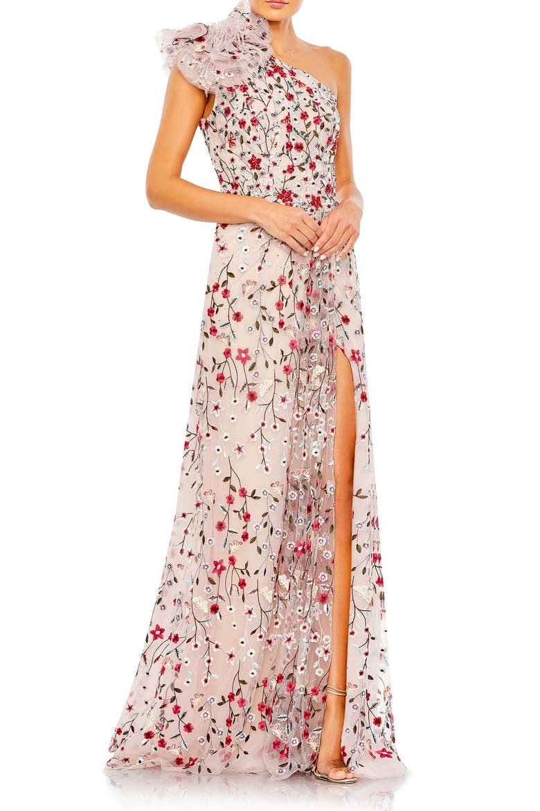 Embellished Ruffled One Shoulder A Line Gown, Main, color, ROSE MULTI