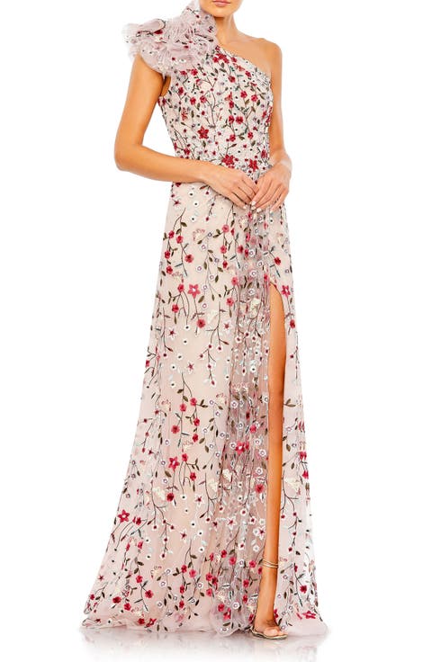Embellished Ruffled One Shoulder A Line Gown