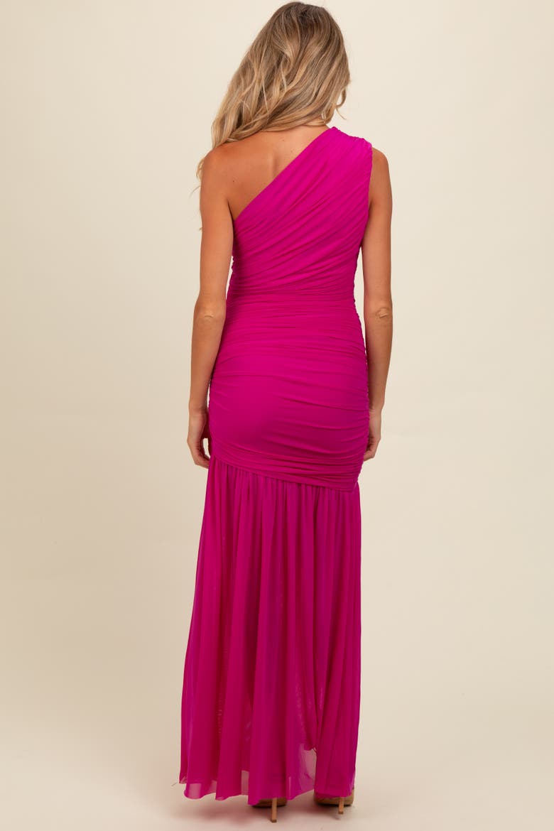 Ruched Mesh One Shoulder Maxi Dress, Alternate, color, Magenta