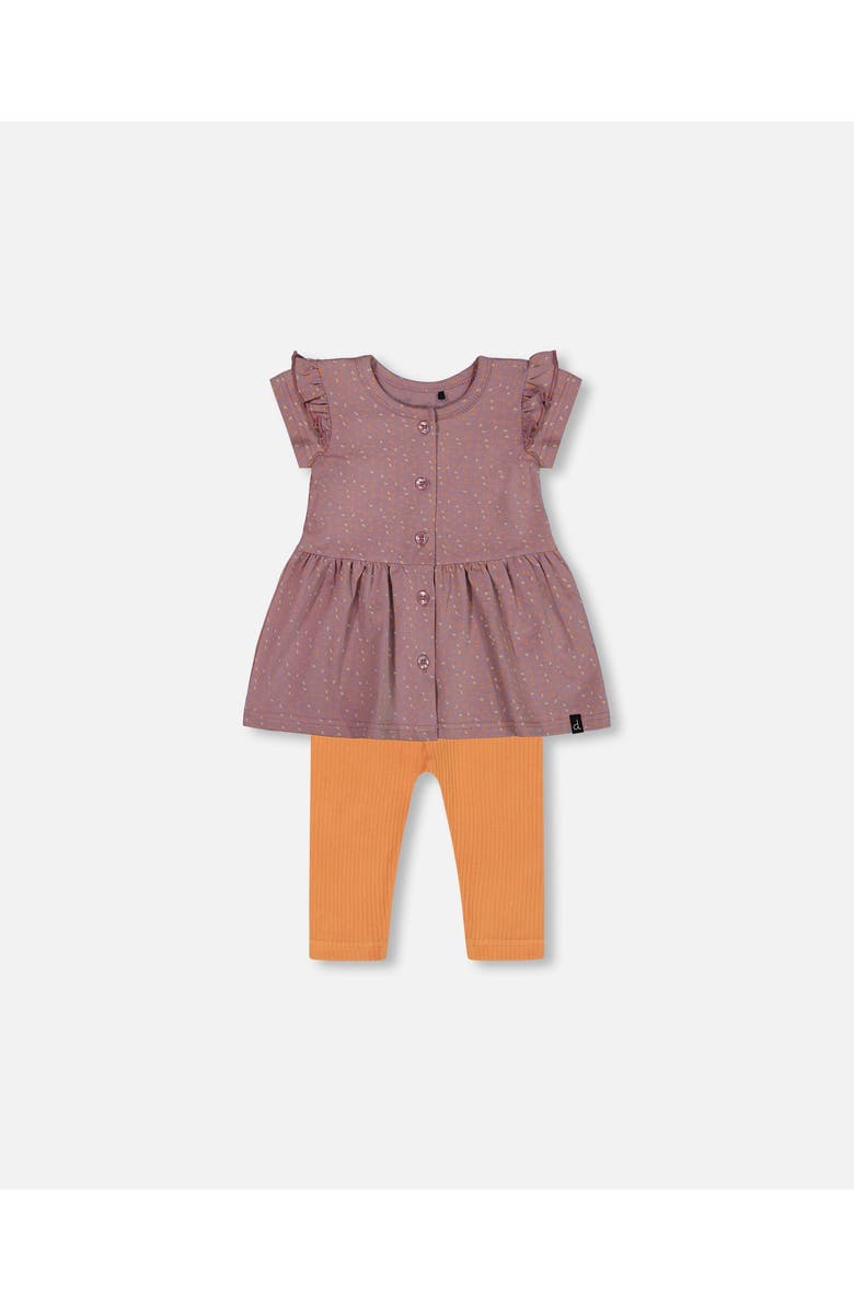Deux par Deux Baby Girl's Printed Organic Cotton Dress And Solid Leggings Set Orange And Purple, Main, color, Purple With Pear Seeds
