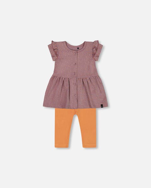 Baby Girl's Printed Organic Cotton Dress And Solid Leggings Set Orange And Purple