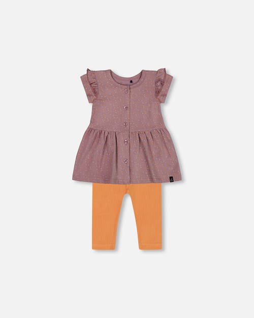 Deux Par Deux Baby Girl's Printed Organic Cotton Dress And Solid Leggings Set Orange And Purple In Purple With Pear Seeds