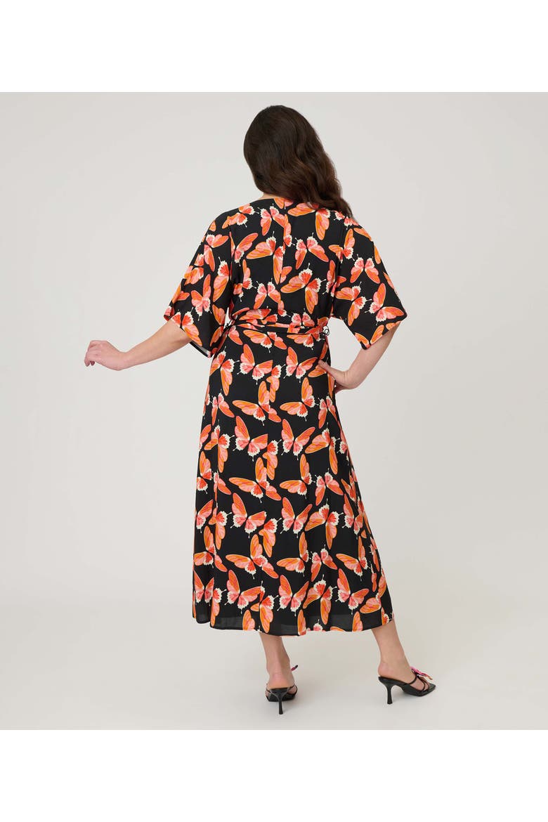 1970s Wrap Midi Dress, Alternate, color, Black w/ Red Butterfly Print
