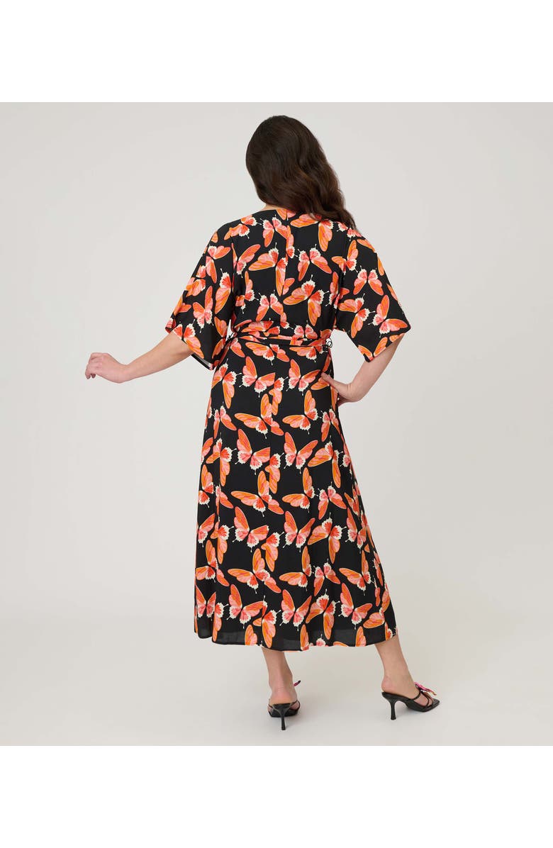 Unique Vintage 1970s Wrap Midi Dress, Alternate, color, Black W/ Red Butterfly Print