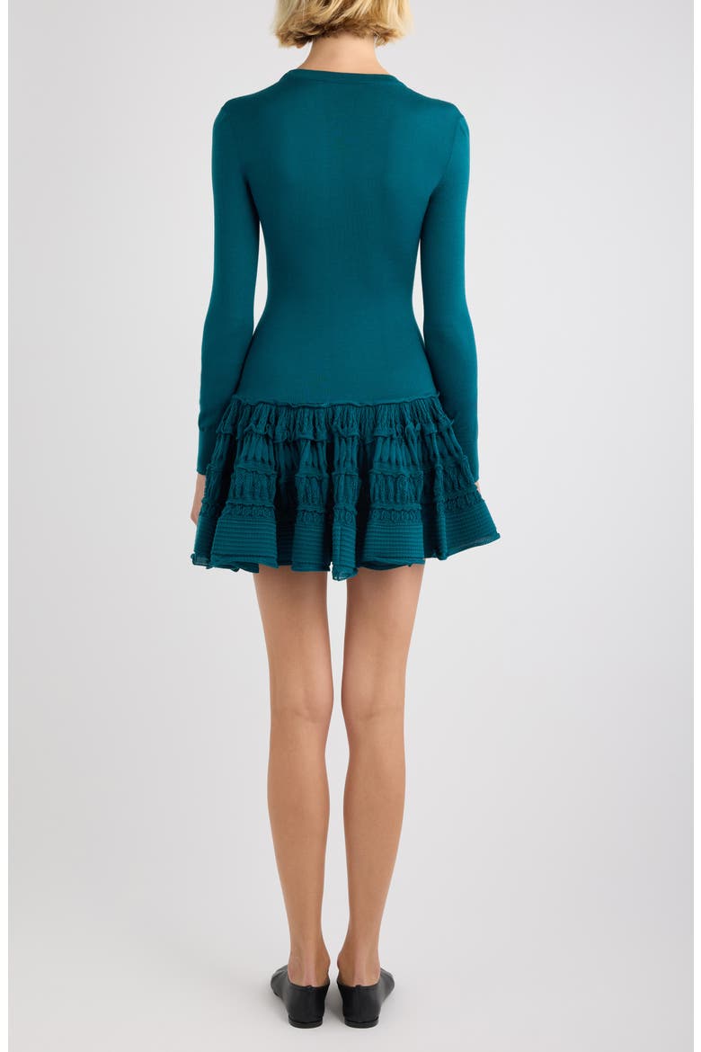 Long Sleeve Ruffle Drop Waist Wool Blend Minidress, Alternate, color, VERT PETROLE