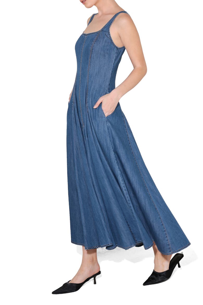 Square Neck A-Line Denim Midi Dress, Alternate, color, MEDIUM INDIGO