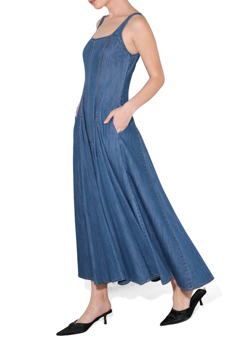 FREEMARKET Square Neck A-Line Denim Midi Dress, Alternate, color, Medium Indigo