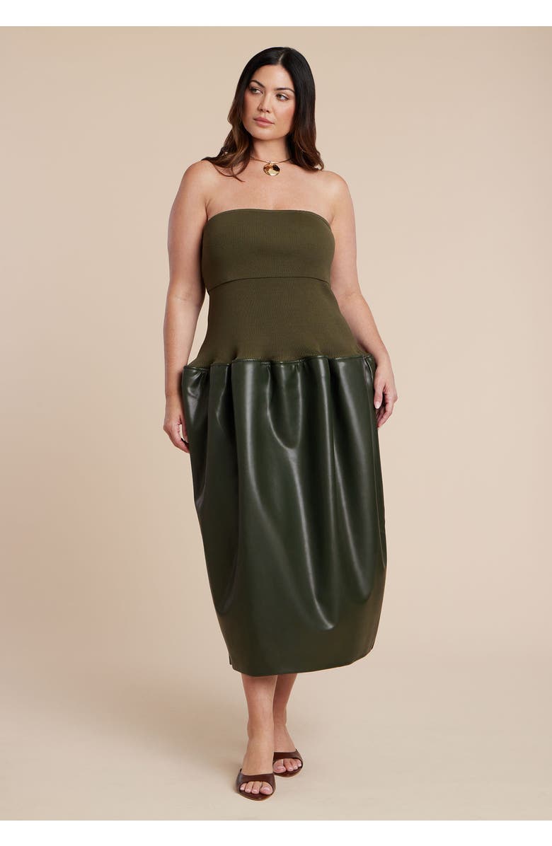 ELOQUII Faux Leather Sweater Mixed Dress, Alternate, color, Dark Olive Green