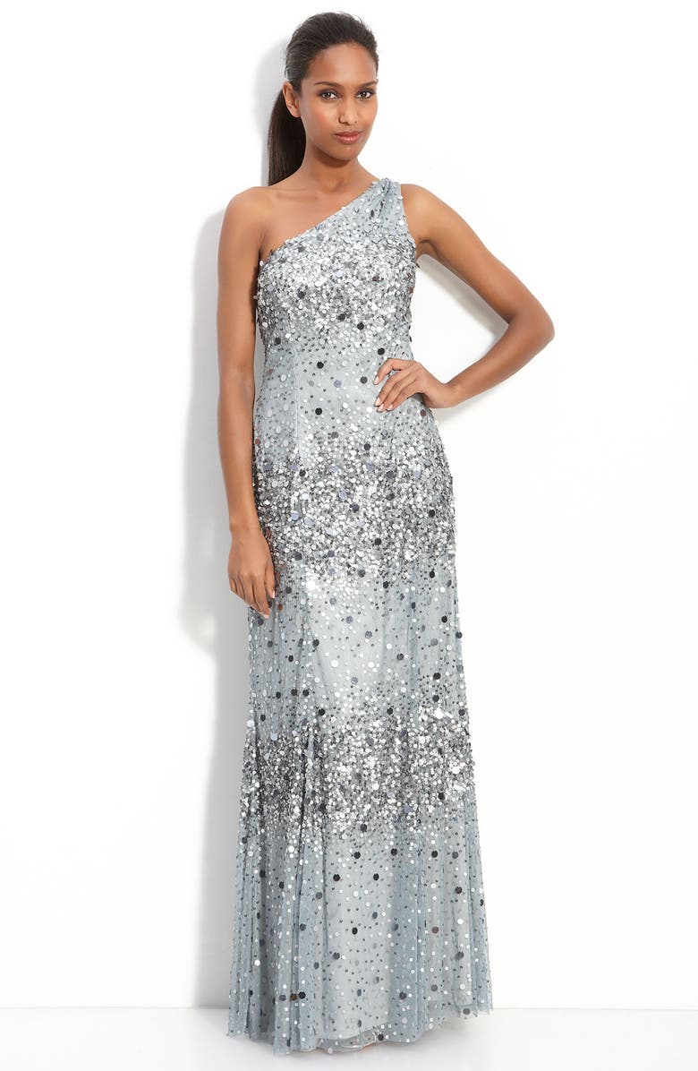 Adrianna Papell Sequin One Shoulder Mesh Gown, Main, color,