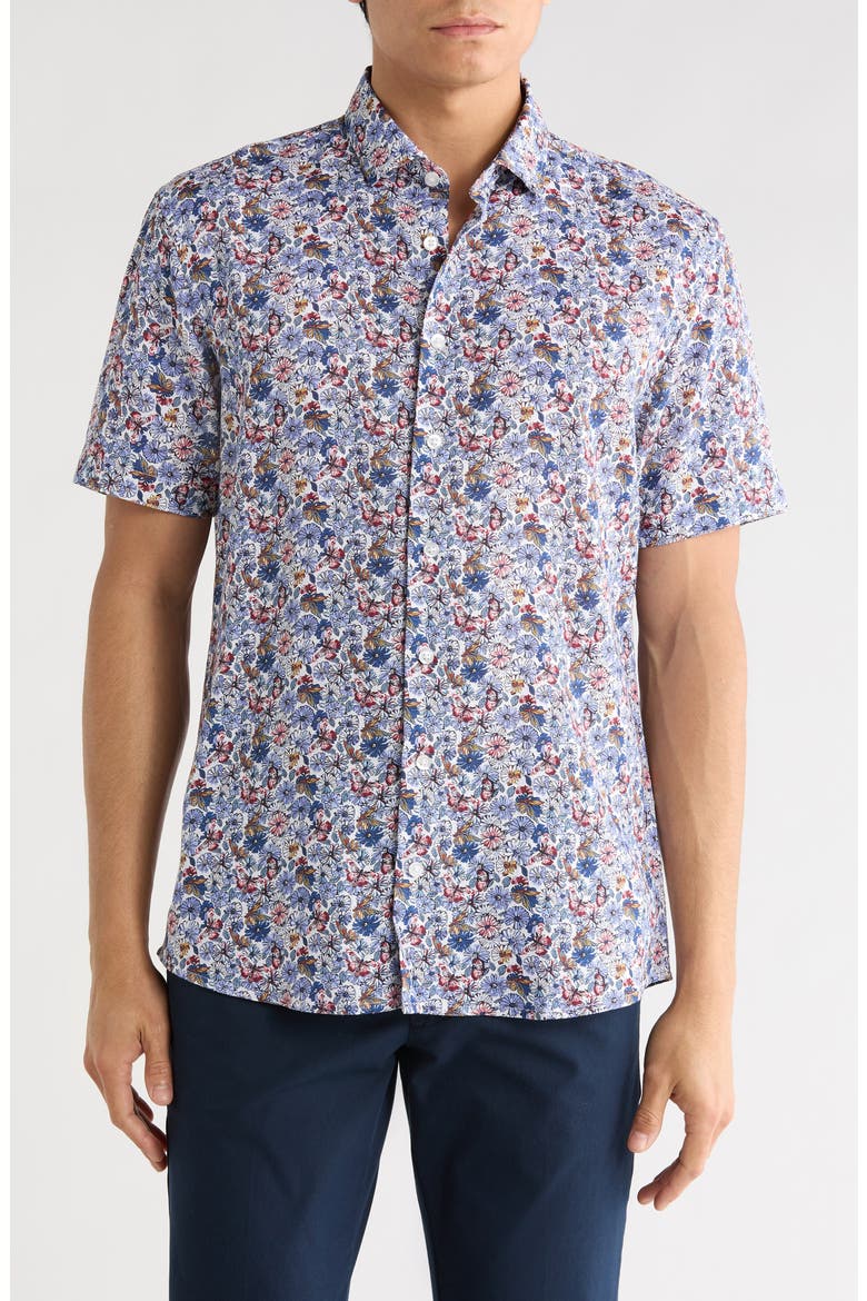 Floral Short Sleeve Viscose & Linen Button-Up Shirt, Main, color, WHITE MULTI/ MULTI